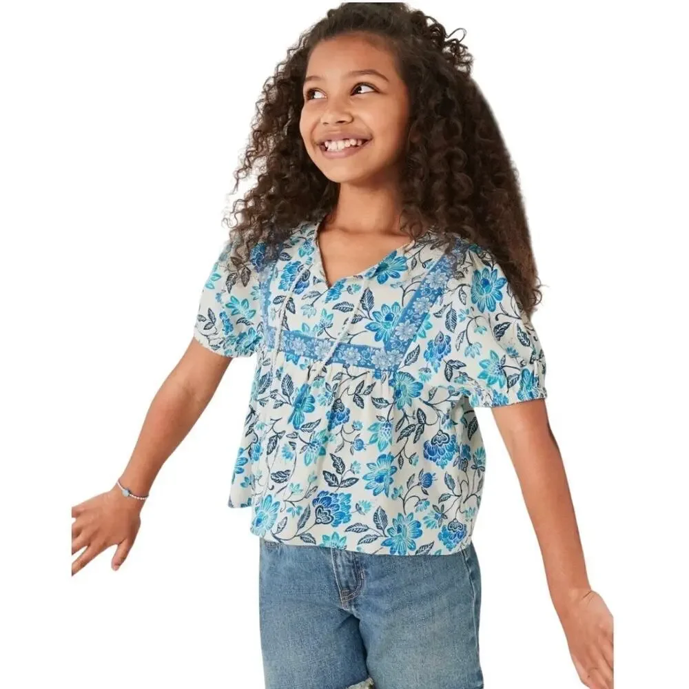 Old Navy Kid Girls Puff Sleeve Poplin Top Shirt Blue Teal White Floral S (6-7)